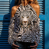 Leopard Cold Shoulder Sweatshirt – Animal Print High Neck Top for Women