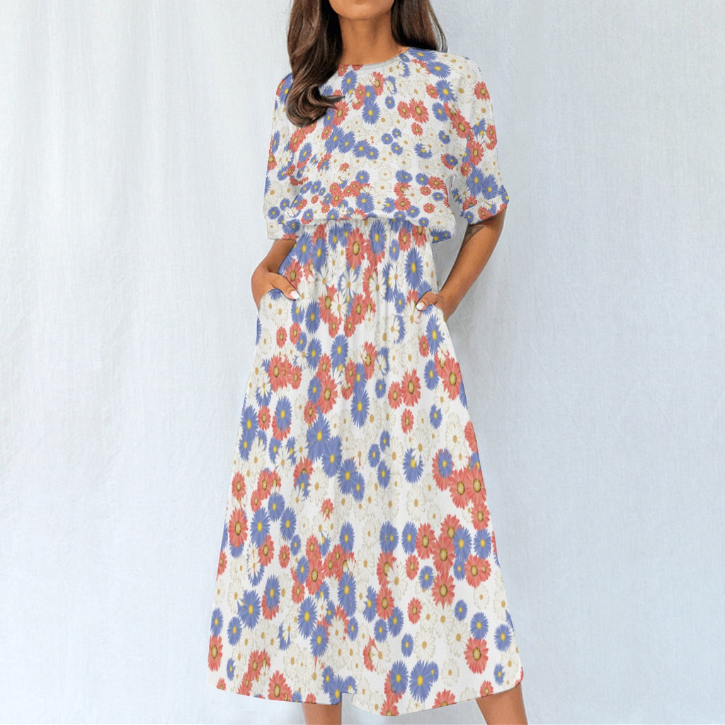 Floral Midi Dress – Women’s Summer Casual Outfit with Elastic Waist