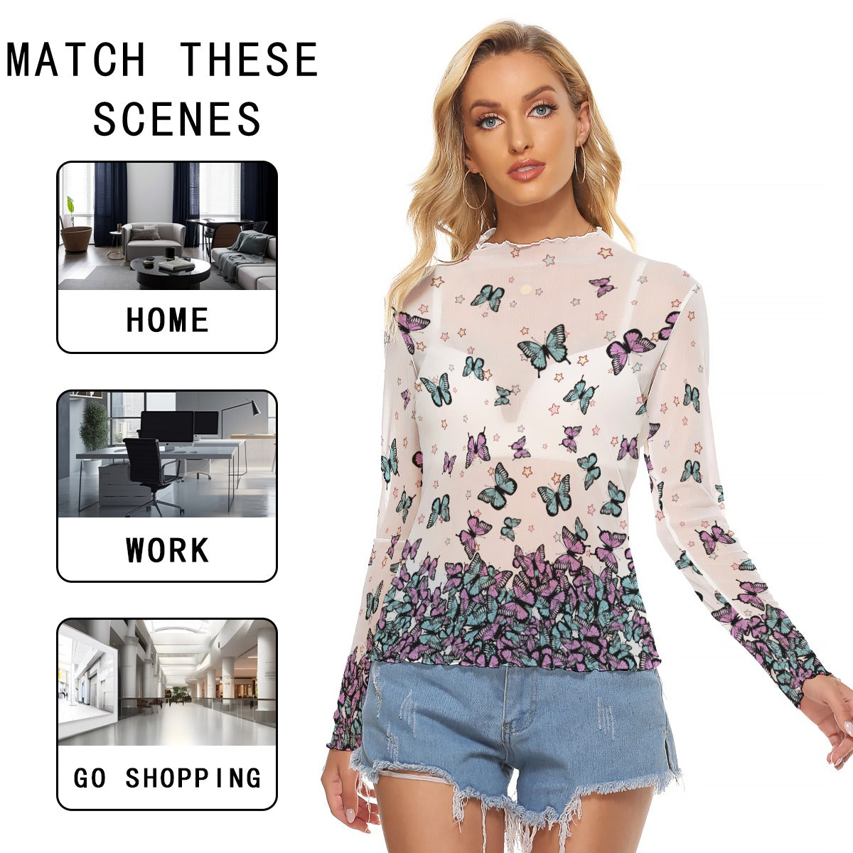 Kawaii Heaven Women's Butterfly Mesh Long Sleeve T-Shirt - Sexy Festival Layering Top