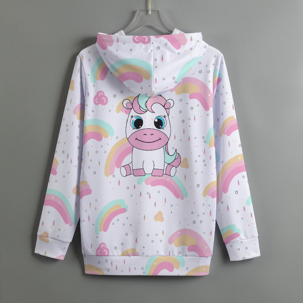 Kawaii Rainbow Unicorn Pullover Hoodie – White Pastel Sweatshirt with Cute Graphic Print, Scuba Fabric