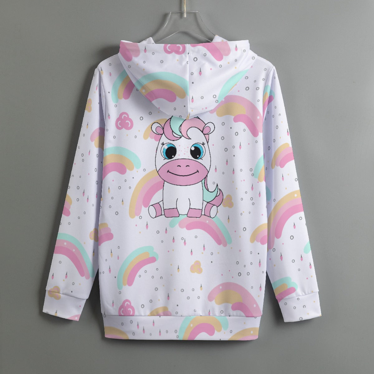 Kawaii Rainbow Unicorn Pullover Hoodie – White Pastel Sweatshirt with Cute Graphic Print, Scuba Fabric