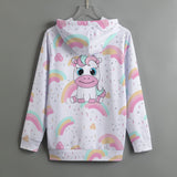 Kawaii Rainbow Unicorn Pullover Hoodie – White Pastel Sweatshirt with Cute Graphic Print, Scuba Fabric