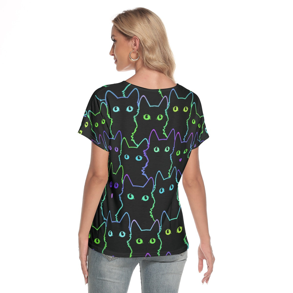 Neon Cat Print Tee - Kawaii Women's Casual Shirt, Olive Green