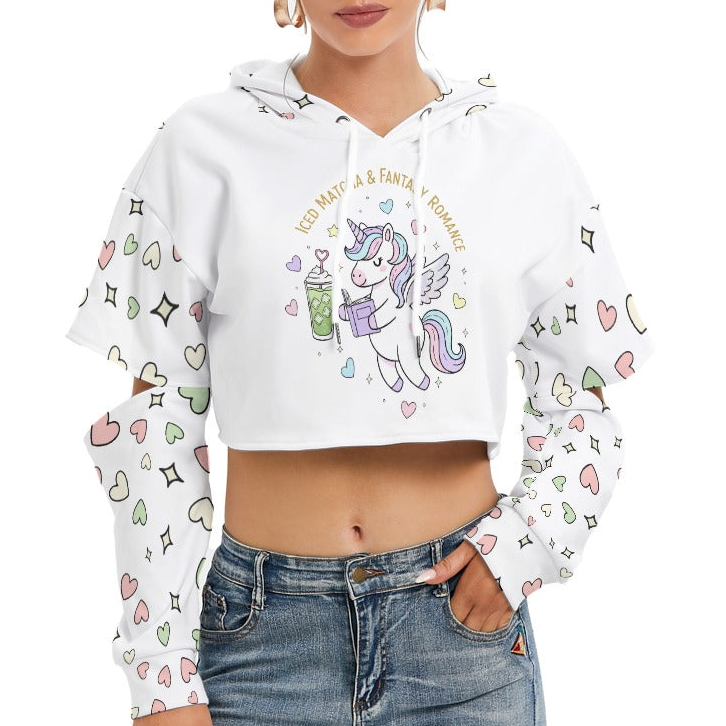 Unicorn Cropped Hoodie with Heart Sleeves – Soft Fleece Interior & Cute Pastel Design