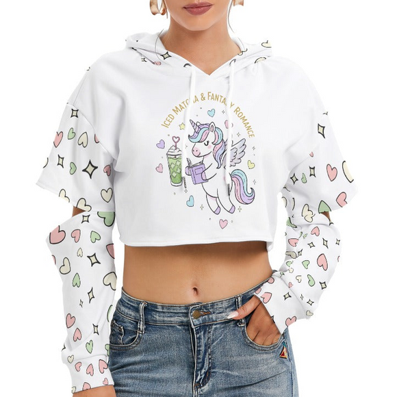 Unicorn Cropped Hoodie with Heart Sleeves – Soft Fleece Interior & Cute Pastel Design