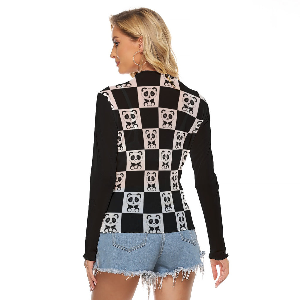 Kawaii Heaven Women's Cute Panda Mesh Long Sleeve Shirt - Sexy Sheer Graphic Top