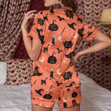 Women's Imitation Silk Halloween Cat Print Pajama Set - Short Sleeve Button-Up Sleepwear
