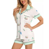 Kawaii Heaven Women's Mint Bear & Floral Print Short Sleeve Silk-like Pajama Set for Summer