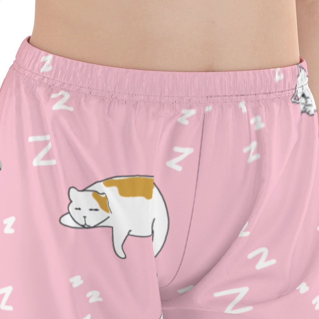 Kawaii Heaven Women's Pink Cat Print Pajamas Set with Elastic Waist & Black Contrast Piping