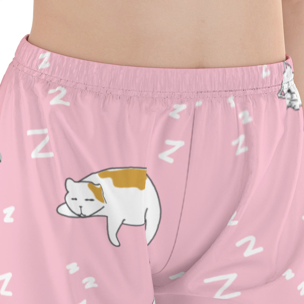 Kawaii Heaven Women's Pink Cat Print Pajamas Set with Elastic Waist & Black Contrast Piping