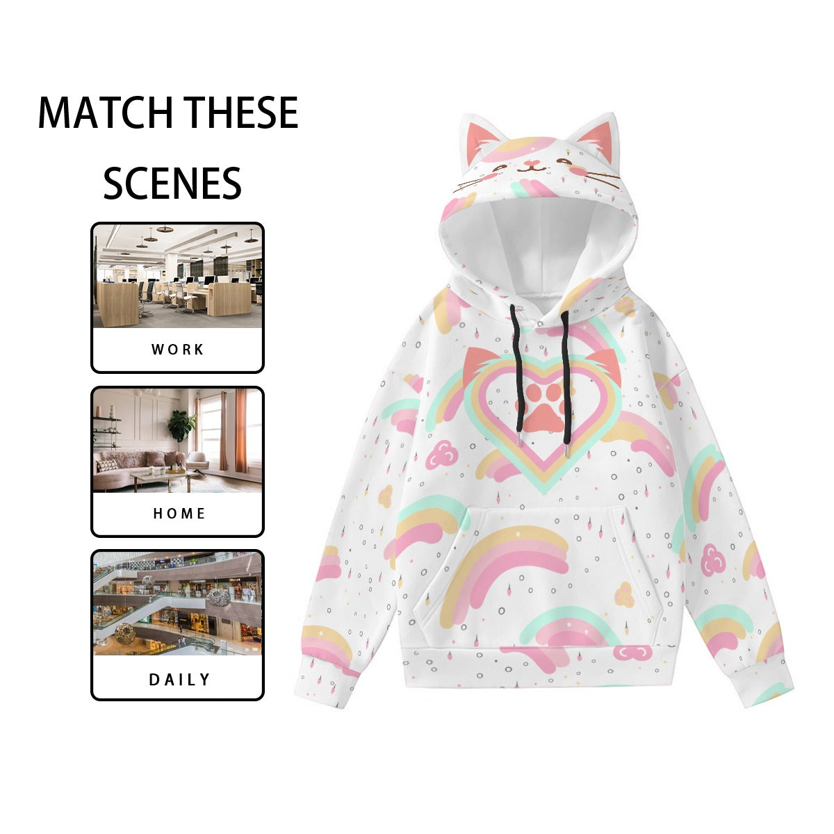 Kawaii Heaven Women's Cat Ear Hoodie with Rainbow Heart Paw Print