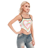 Women's Rainbow Heart Print Pastel Cami Tube Top – Sexy Wrap-Up Crop Tank with Spaghetti Straps & Black Edging