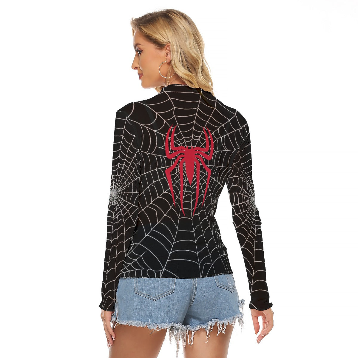 Kawaii Heaven Women's Mesh T-shirt - Spider Queen Print, Black Web with Red Spider