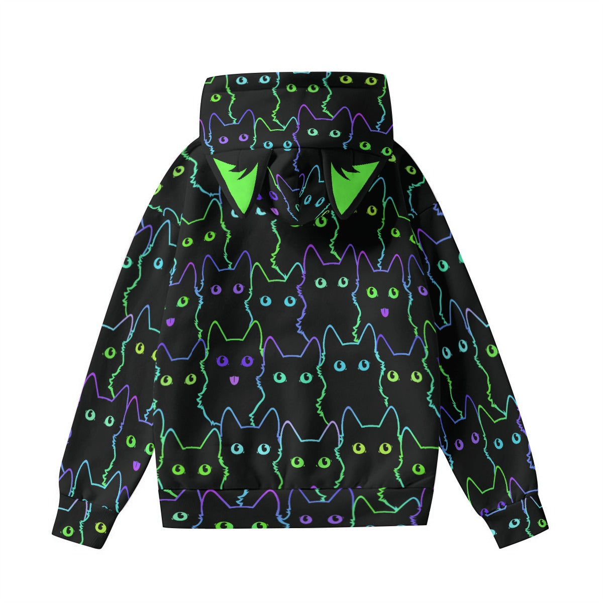 Neon Cat Print Hoodie for Women with Decorative Cat Ears - Black Scuba Pullover Sweatshirt