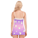 Moon Cat Lace Pajama Set – Kawaii Purple Cami and Shorts Sleepwear