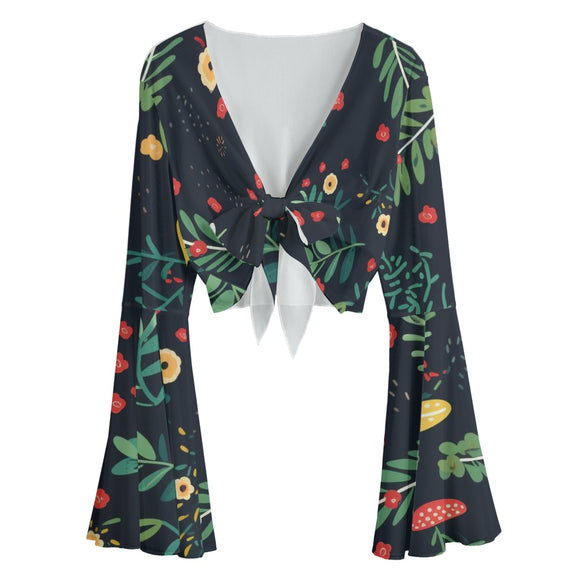 Chic Women's Midnight Meadow Bell Sleeve Mesh Blouse with Lace-Up Detail