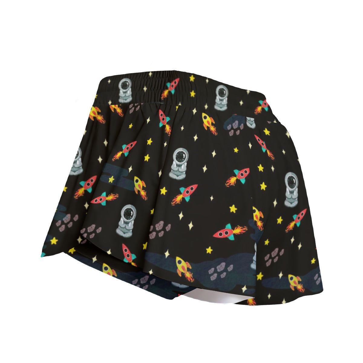 Space Rocket Print Women's Athletic Skorts with Side Pockets - Black Drawstring Sport Shorts