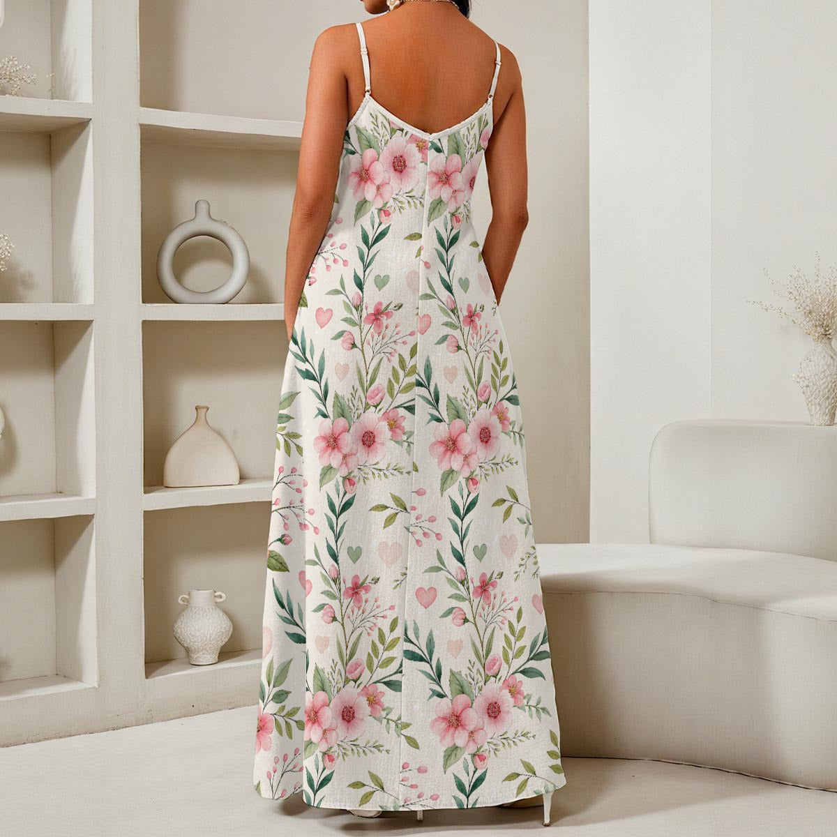 Pink Floral Maxi Dress – Romantic Cottagecore Spaghetti Strap Dress
