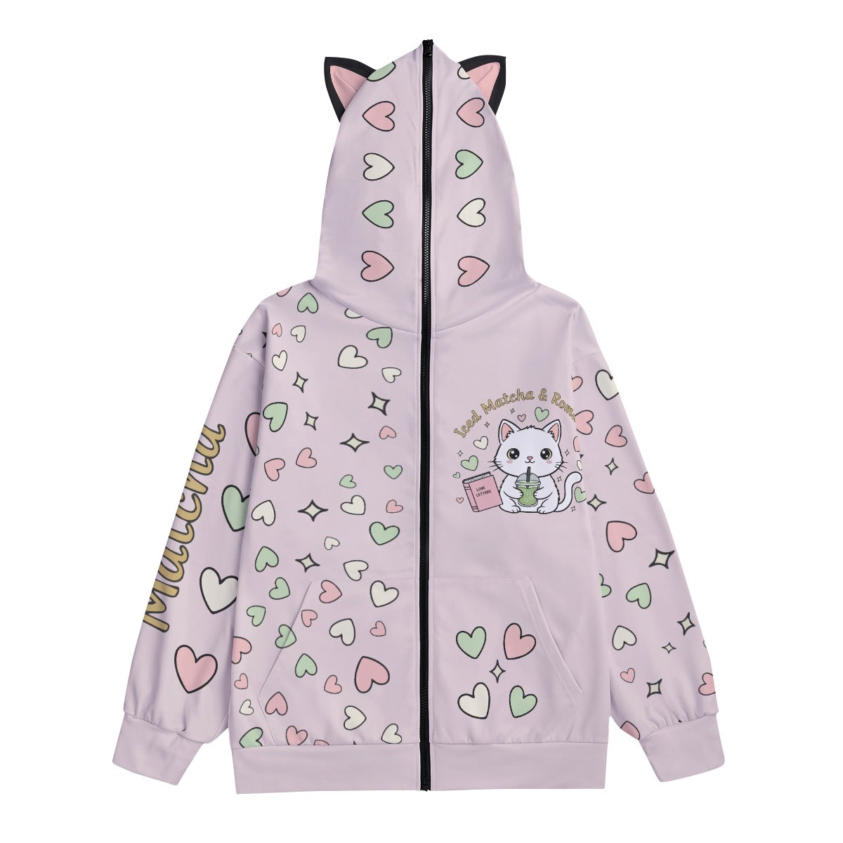 Matcha Reading Cat Ear Zip-Up Hoodie