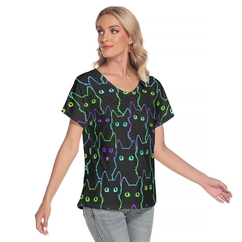Neon Cat Print Tee - Kawaii Women's Casual Shirt, Olive Green