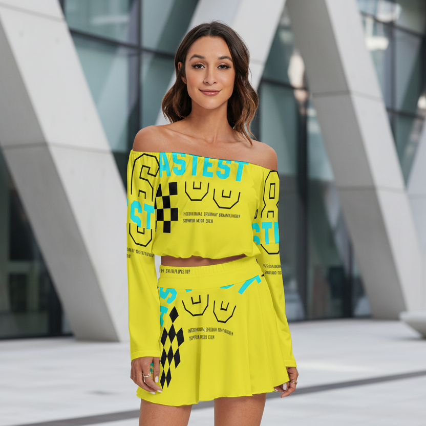 Off-Shoulder Two-Piece Skirt Set – Long Sleeve Crop Top & Mini Skirt