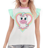 Kawaii Unicorn Heart Graphic Ruffle Sleeve Blouse for Women - Pastel Cute Top with Lace Collar