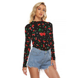 Cherry Print Mesh Top – Black Long Sleeve Slim Fit Shirt