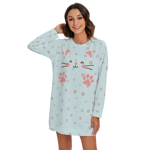 Kawaii Heaven Women's Cute Cat & Star Print Round Neck Raglan Sleeve Sweater - Cozy Blue