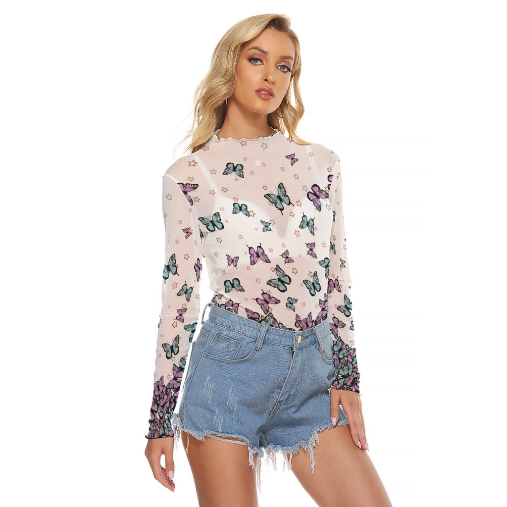 Kawaii Heaven Women's Butterfly Mesh Long Sleeve T-Shirt - Sexy Festival Layering Top
