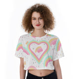 Kawaii Heaven Rainbow Heart Cropped T-Shirt - Cute Pastel Graphic Crop Top for Gym Yoga Outdoor Activities