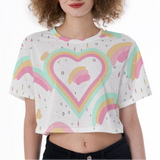 Kawaii Heaven Rainbow Heart Cropped T-Shirt - Cute Pastel Graphic Crop Top for Gym Yoga Outdoor Activities