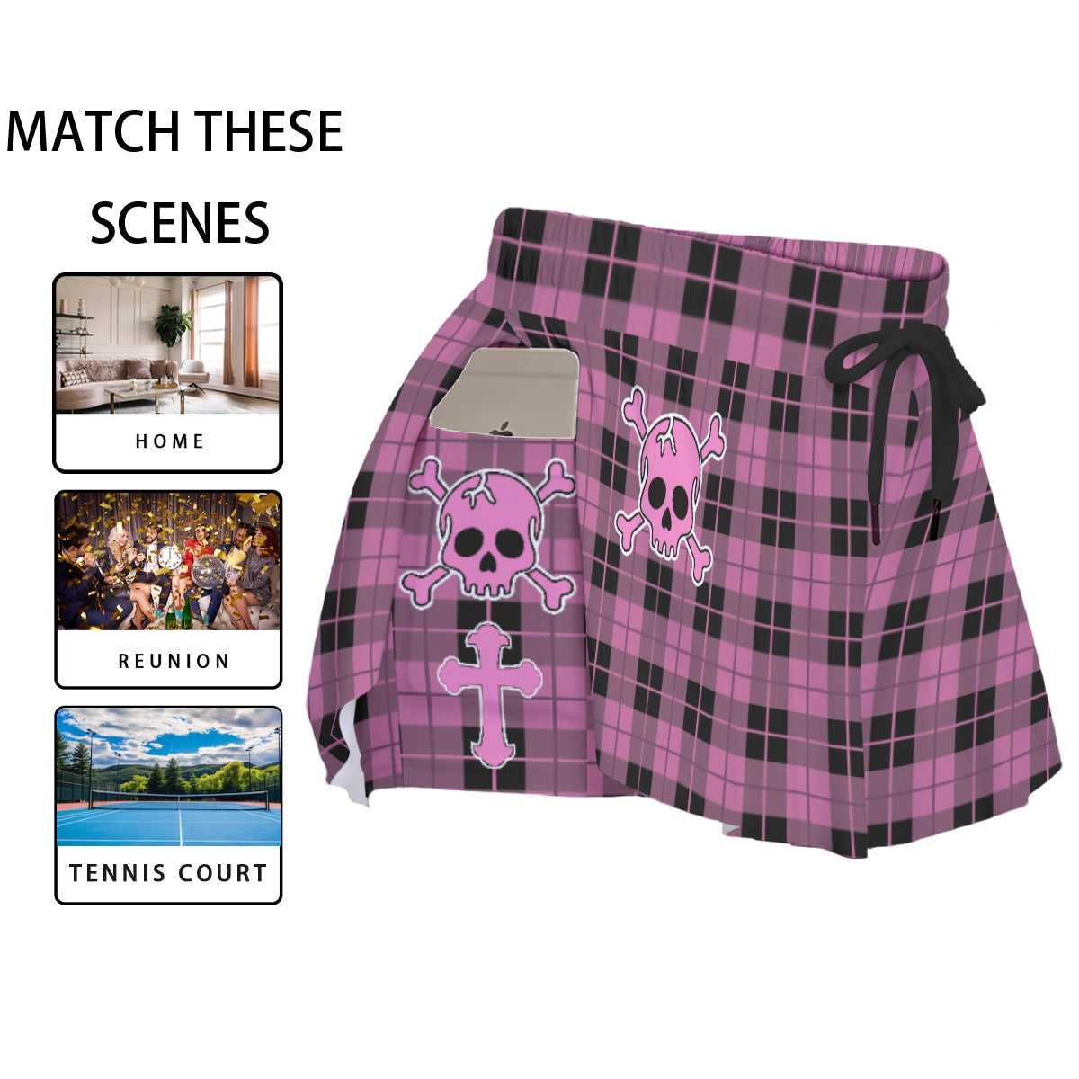 Pink Plaid Skull Skort – Gothic Skirt Shorts with Pockets