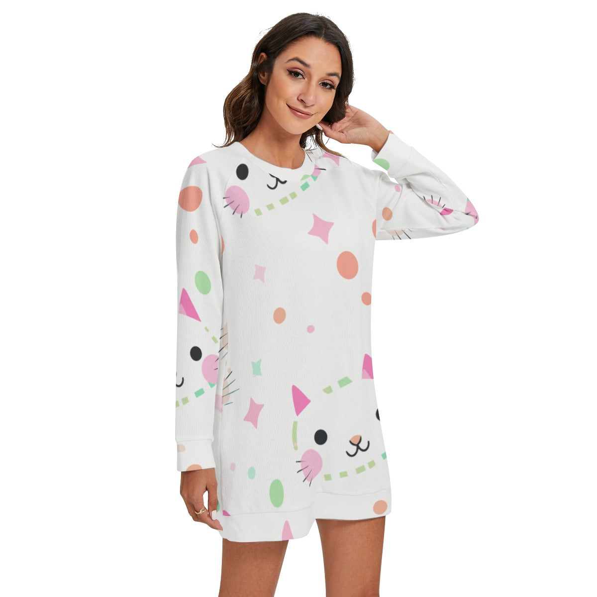 Kawaii Cat Polka Dot Women's Round Neck Raglan Sleeve Sweater