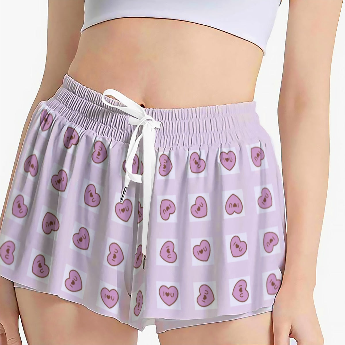 Kawaii Heaven Women's Cat Love Heart Print Skorts with Pockets - Lilac