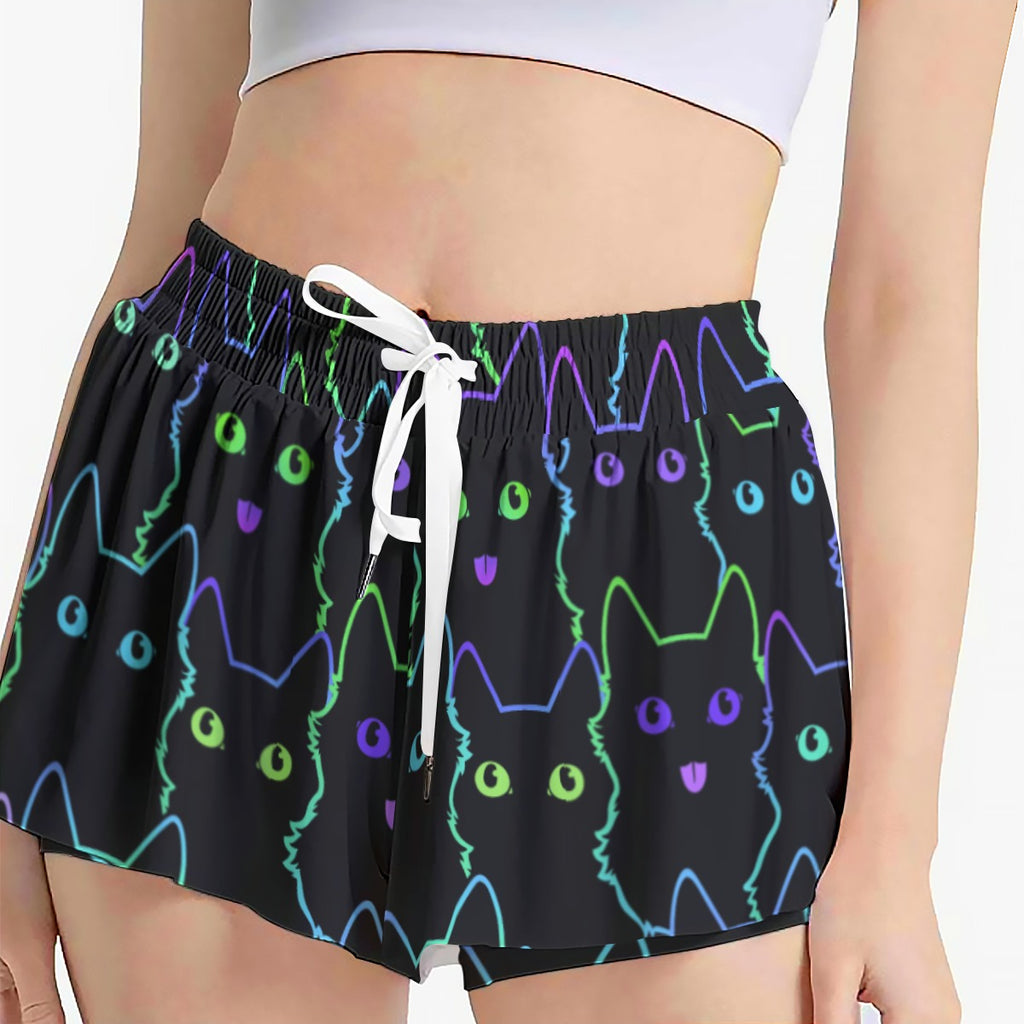 Neon Cat Print Skorts with Pockets - Kawaii Heaven Women's Sport Skirts