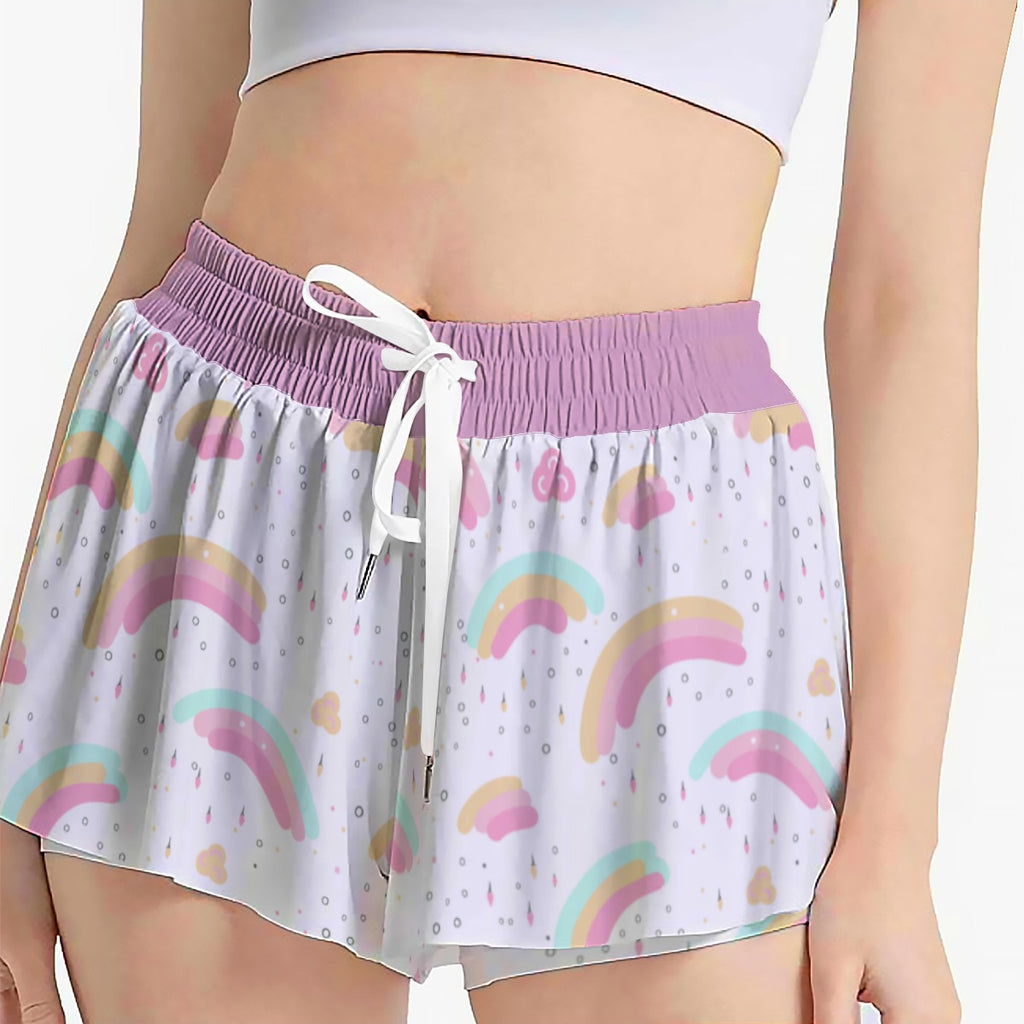 Kawaii Heaven Rainbow Unicorn Women's Sport Skorts - White Drawstring Athletic Skorts with Side Pockets