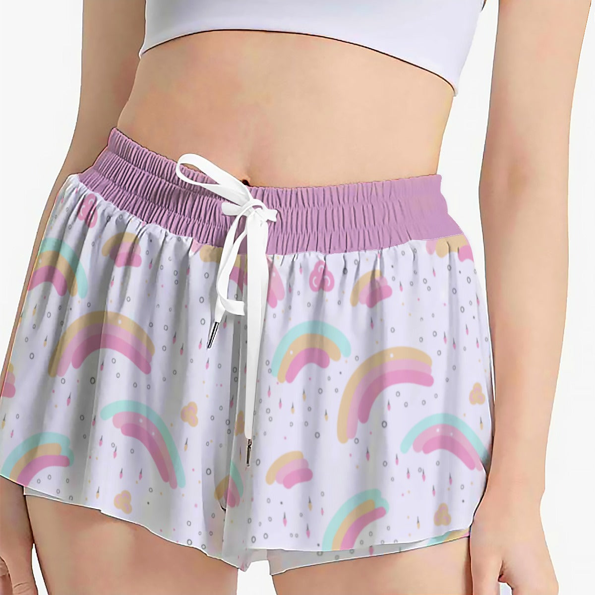 Kawaii Heaven Rainbow Unicorn Women's Sport Skorts - White Drawstring Athletic Skorts with Side Pockets