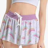 Kawaii Heaven Rainbow Unicorn Women's Sport Skorts - White Drawstring Athletic Skorts with Side Pockets