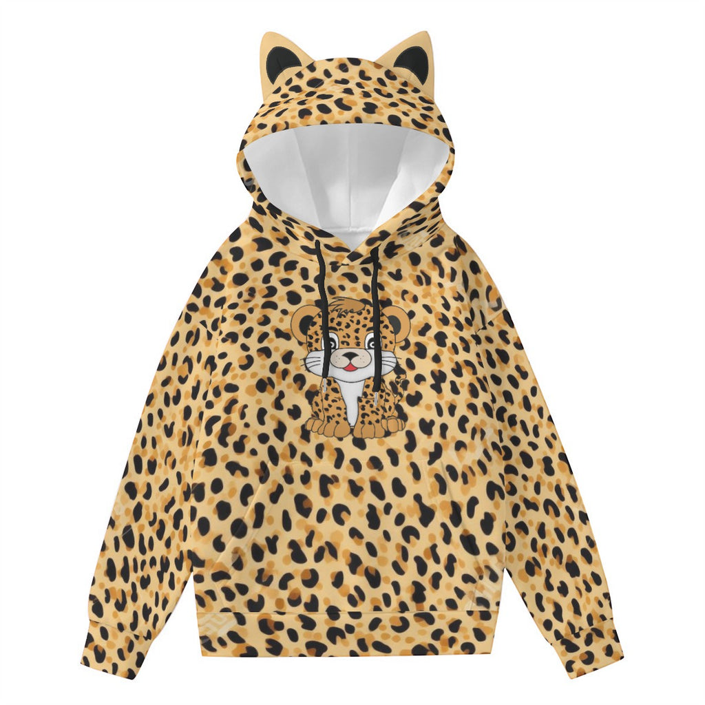 Leopard Print Kawaii Cat Ear Hoodie for Women, Cute Cartoon Cub Pullover with Decorative Ears