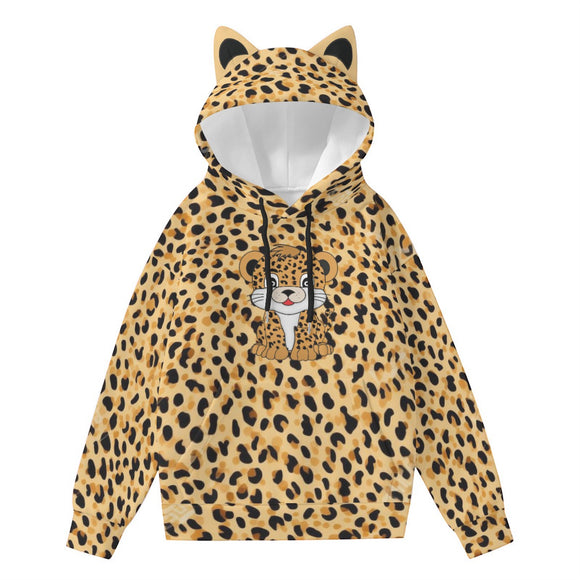 Leopard Print Kawaii Cat Ear Hoodie for Women, Cute Cartoon Cub Pullover with Decorative Ears
