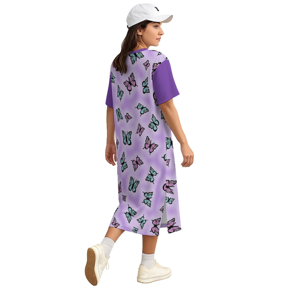 Purple Butterfly Cotton Midi Dress – Nature Inspired T-Shirt Dress | 180GSM Cotton