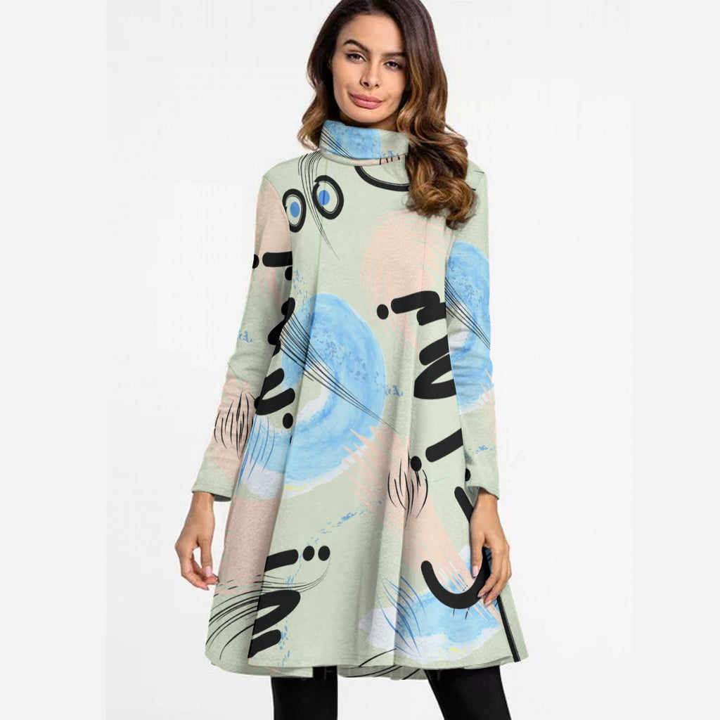 Kawaii Heaven Women's Abstract Art High Neck A-Line Long Sleeve Dress for Autumn