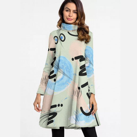 Kawaii Heaven Women's Abstract Art High Neck A-Line Long Sleeve Dress for Autumn