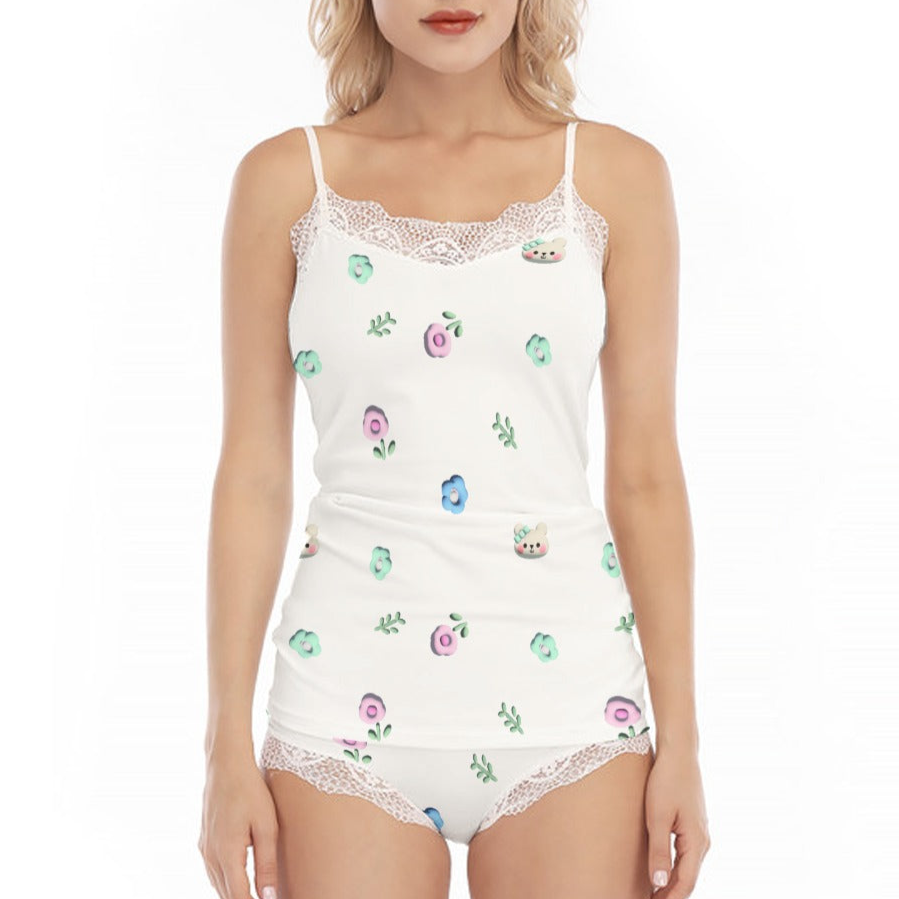 Women's Sexy Floral Lace Trim Pajama Set with Cami Top and Shorts - Kawaii Heaven