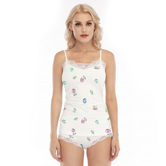 Women's Sexy Floral Lace Trim Pajama Set with Cami Top and Shorts - Kawaii Heaven