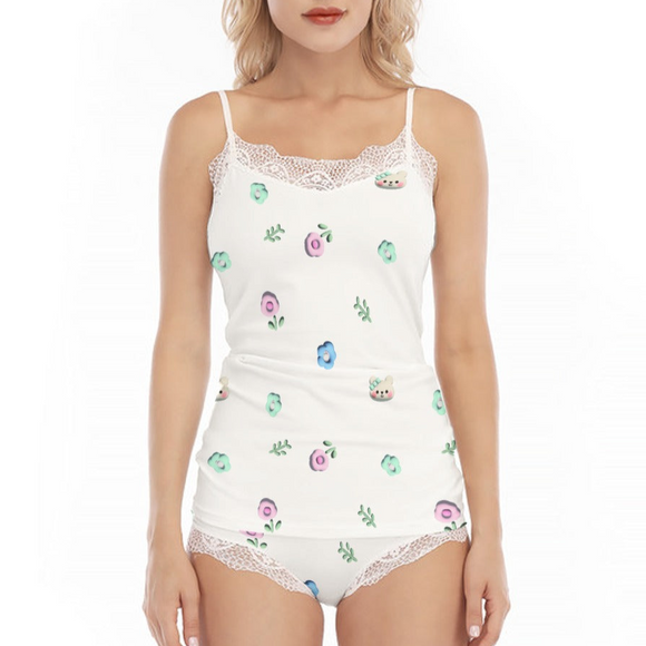 Women's Sexy Floral Lace Trim Pajama Set with Cami Top and Shorts - Kawaii Heaven