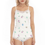 Women's Sexy Floral Lace Trim Pajama Set with Cami Top and Shorts - Kawaii Heaven