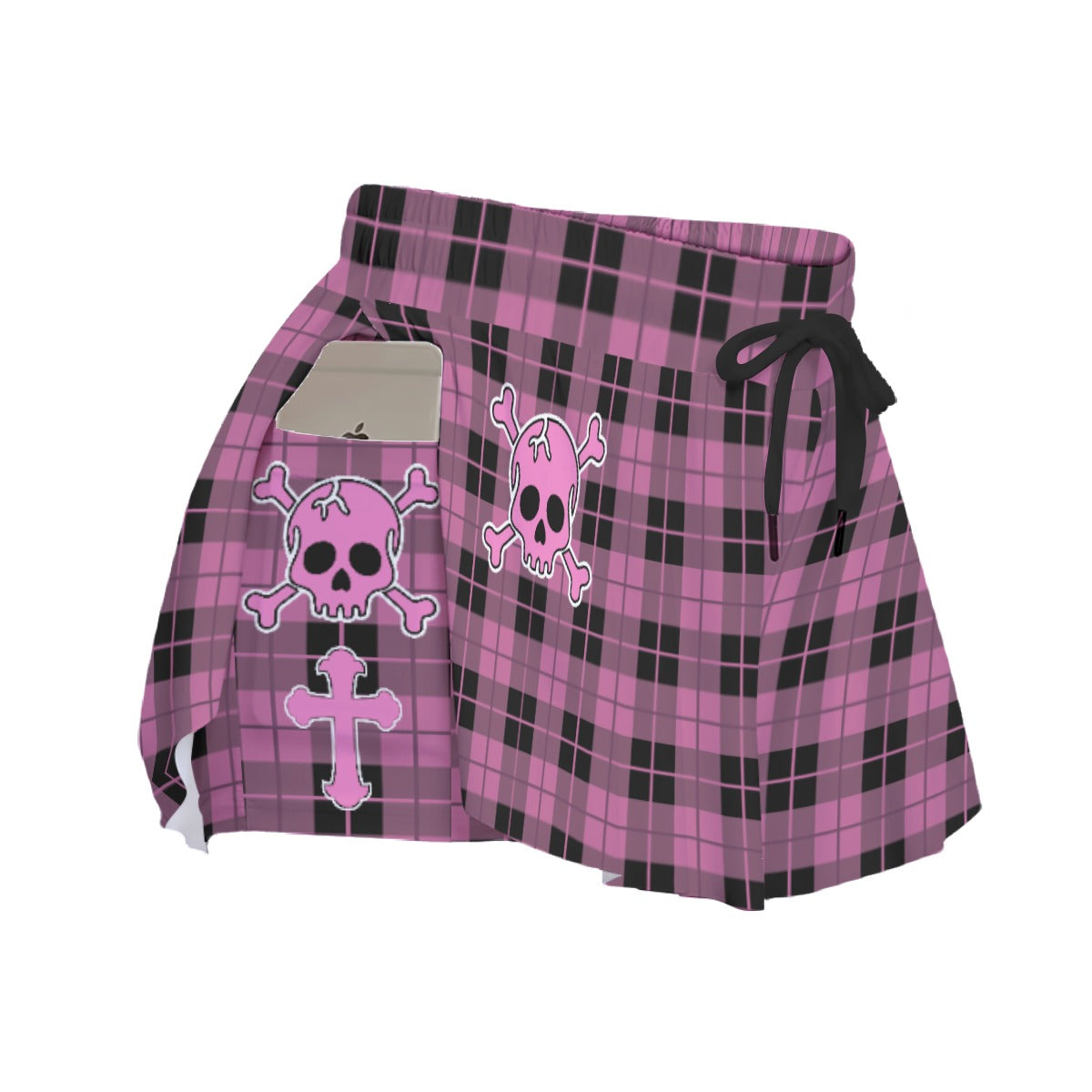 Pink Plaid Skull Skort – Gothic Skirt Shorts with Pockets