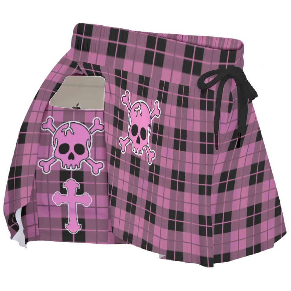 Pink Plaid Skull Skort – Gothic Skirt Shorts with Pockets