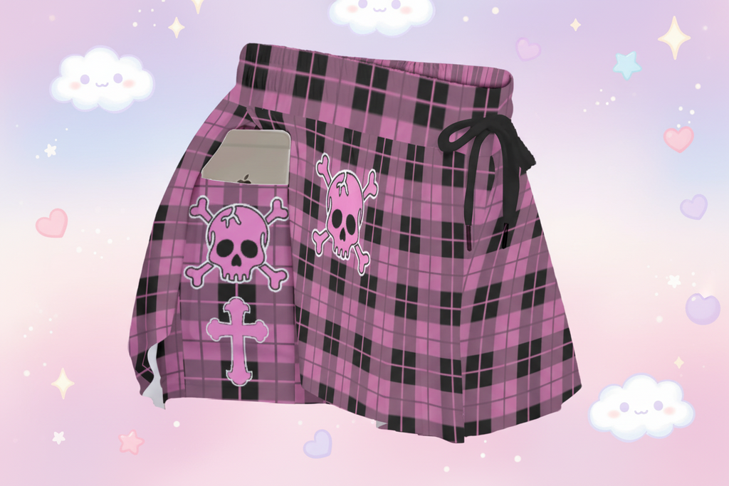 Pink Plaid Skull Skort – Gothic Skirt Shorts with Pockets